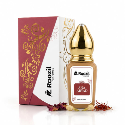Roozil Ana Abyad Arabian Attar Perfume Oil | Alcohol Free Long Lasting Roll On Attar for Men & Women | Saffron Rose Oud Vanilla Musk Concentrated Perfume Oil (6 ML)