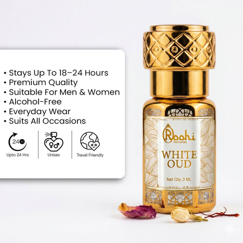 Roohi White Oud Attar 3ML | Rich Woody & Musky Fragrance | Long Lasting Non-Alcoholic Attar Perfume Oil for Men & Women | Mini Pocket Roll-On Ittar | Travel Size