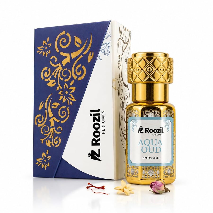 Roozil Aqua Oud Arabian Attar Perfume Oil | Alcohol Free Long Lasting Roll On Attar for Men & Women | Marine Bergamot Oud Musk Concentrated Perfume Oil (3 ML)