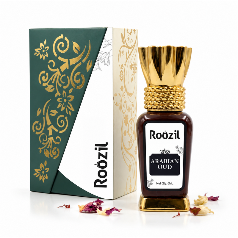 Roozil Arabian Oud Attar Perfume Oil | Alcohol Free Long Lasting Roll On Attar for Men & Women | Saffron Rose Oud Amber Musk Concentrated Perfume Oil (6 ML)